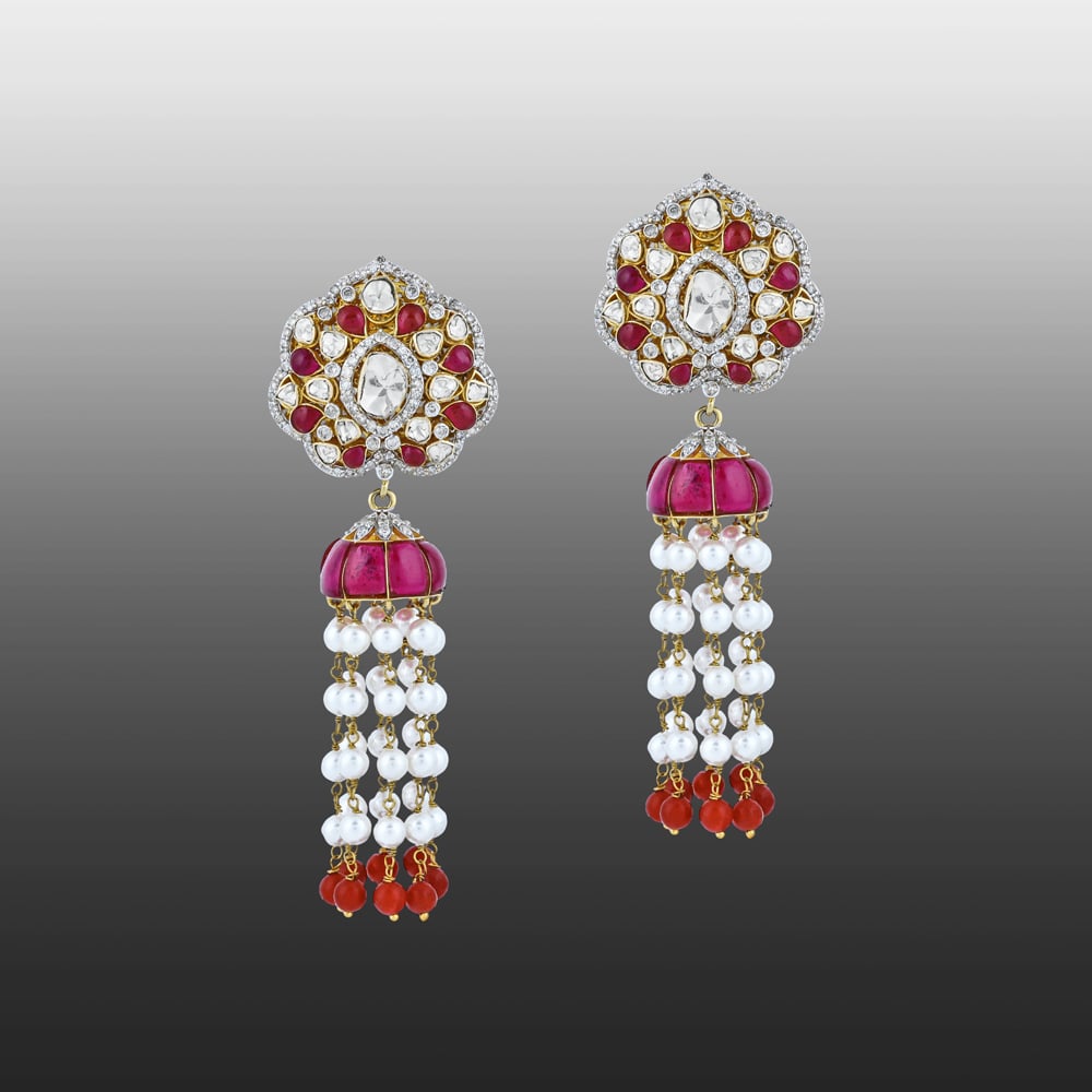 Floral Polki Earrings with Red Talaf, Pearls, and Red Beads